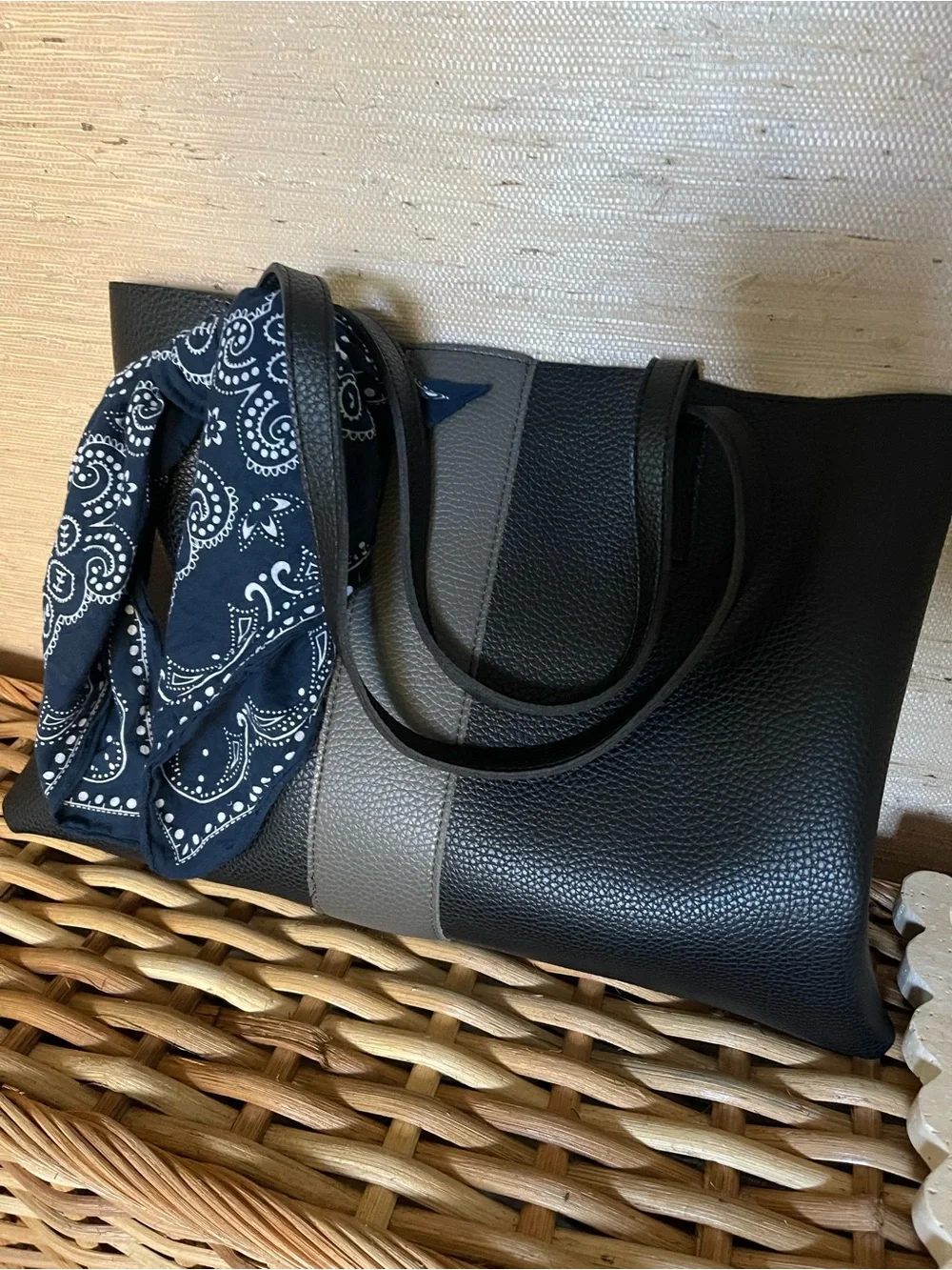 Vince Camuto Black Leather Tote with Gray Center Stripe
